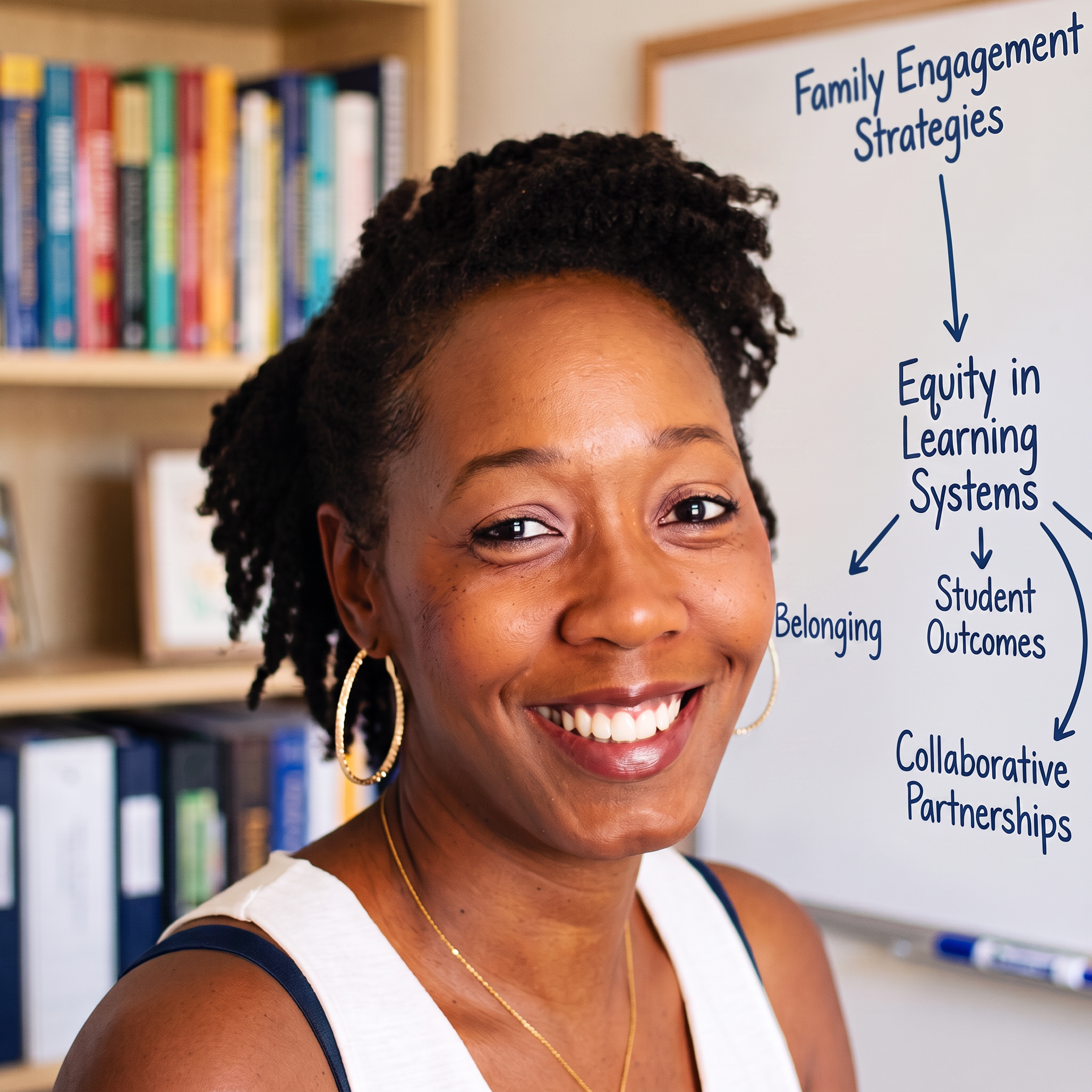 Portrait of the founder of Equity By Design seated in a school library