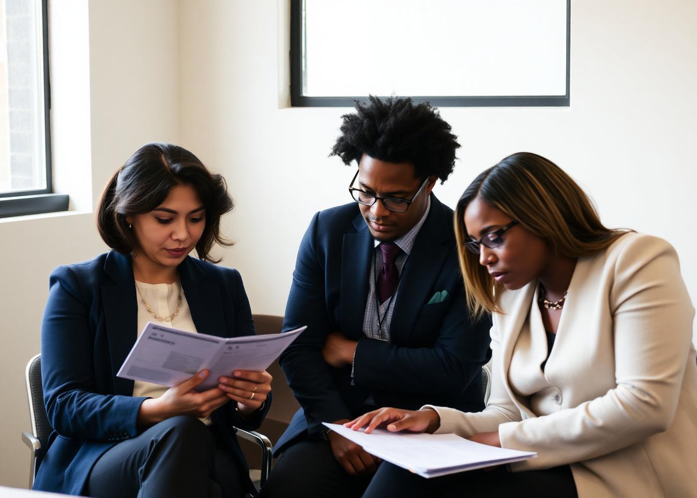 District leaders reviewing reports together in a meeting room