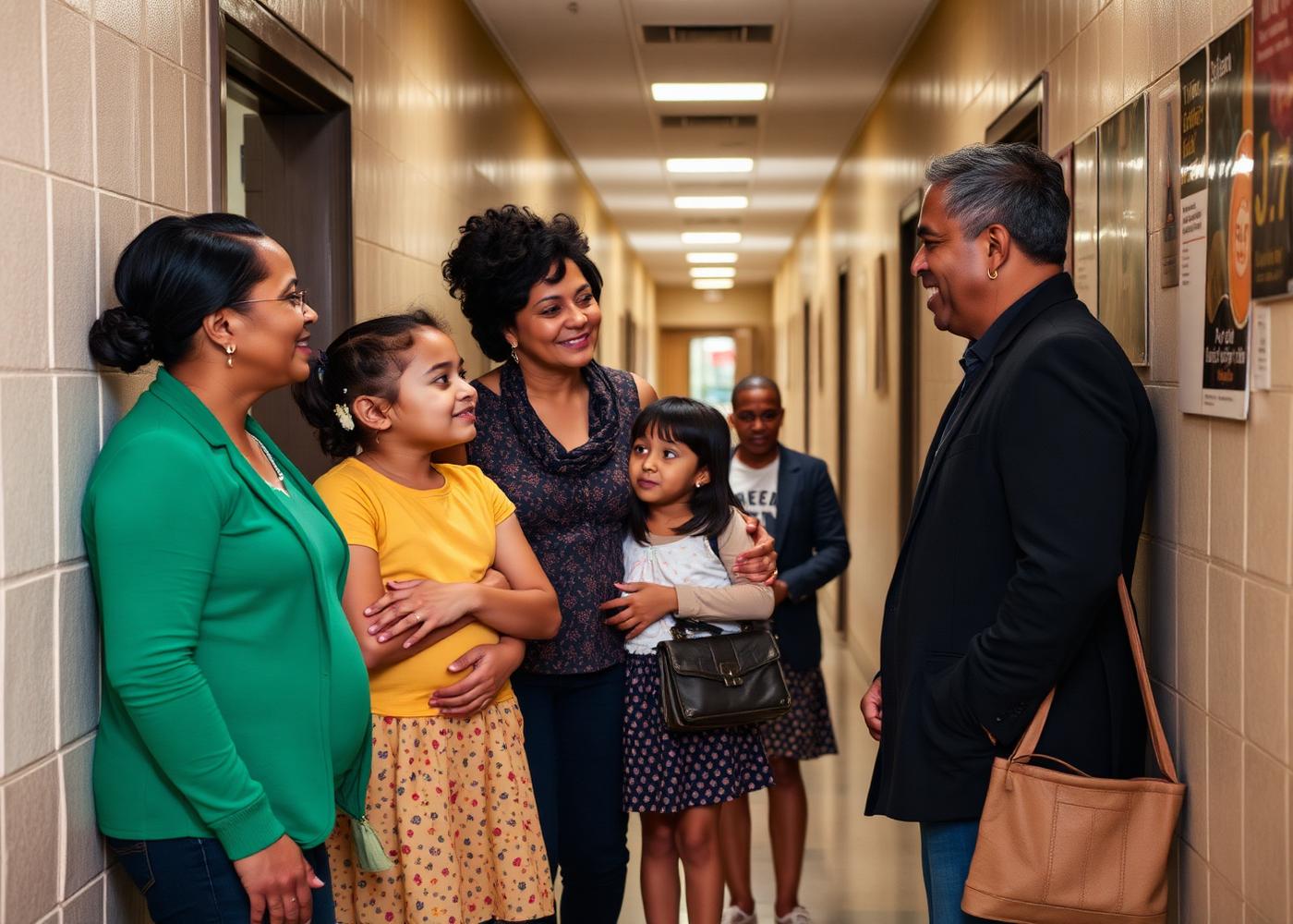 A teacher speaking with two families in a school hallway